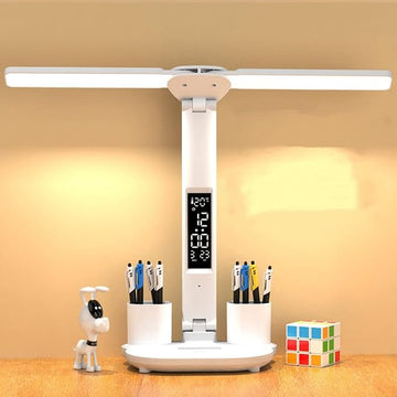 Dual Head LED Desk Lamp with Clock & Temperature Display