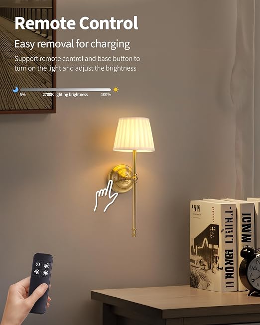 2 Pack Rechargeable Wall Lights | Gold Fabric LED Sconces